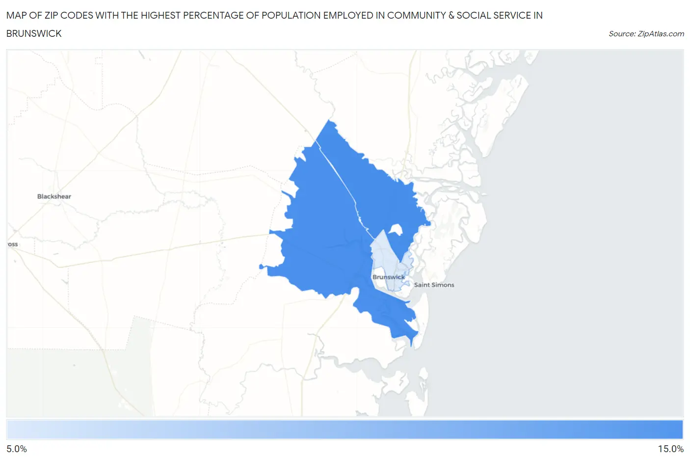 Zip Codes with the Highest Percentage of Population Employed in Community & Social Service  in Brunswick Map