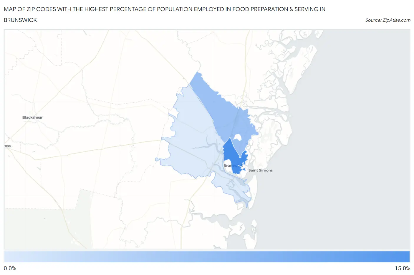 Zip Codes with the Highest Percentage of Population Employed in Food Preparation & Serving in Brunswick Map
