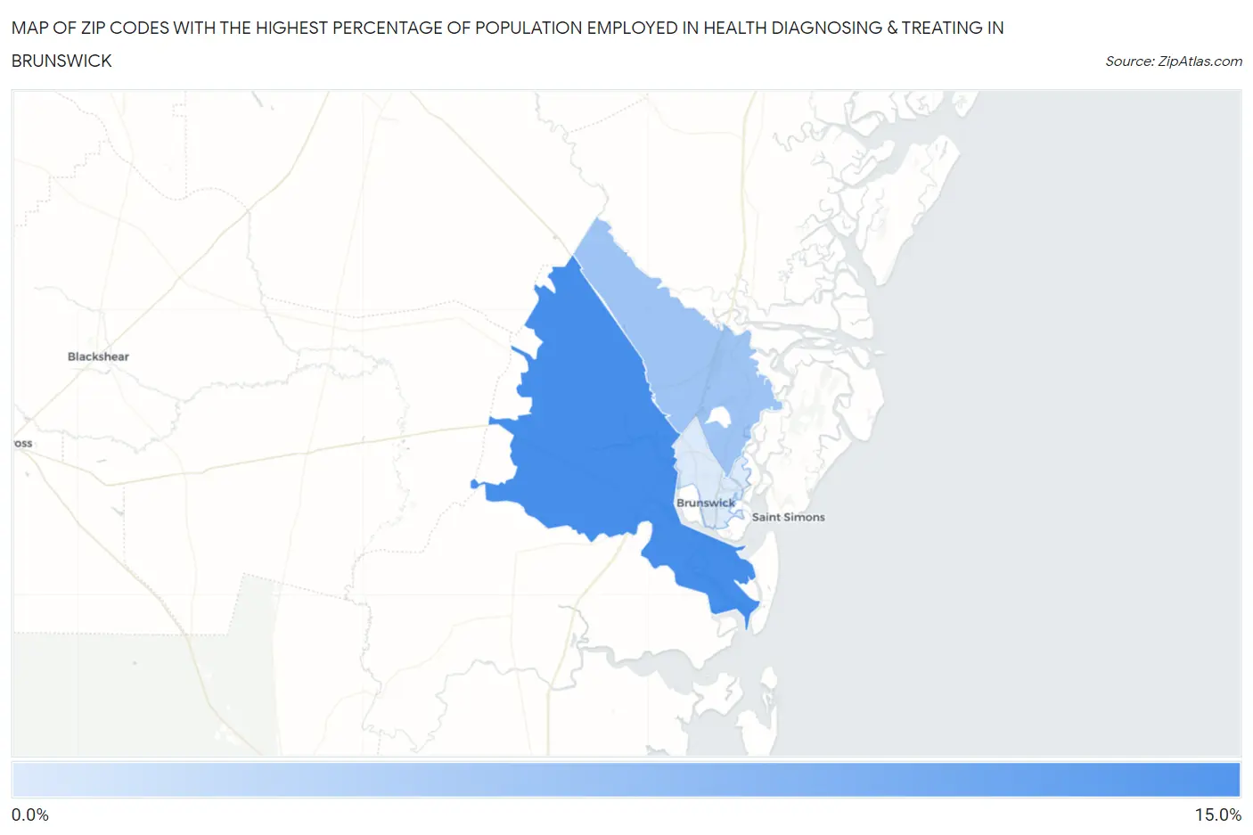 Zip Codes with the Highest Percentage of Population Employed in Health Diagnosing & Treating in Brunswick Map