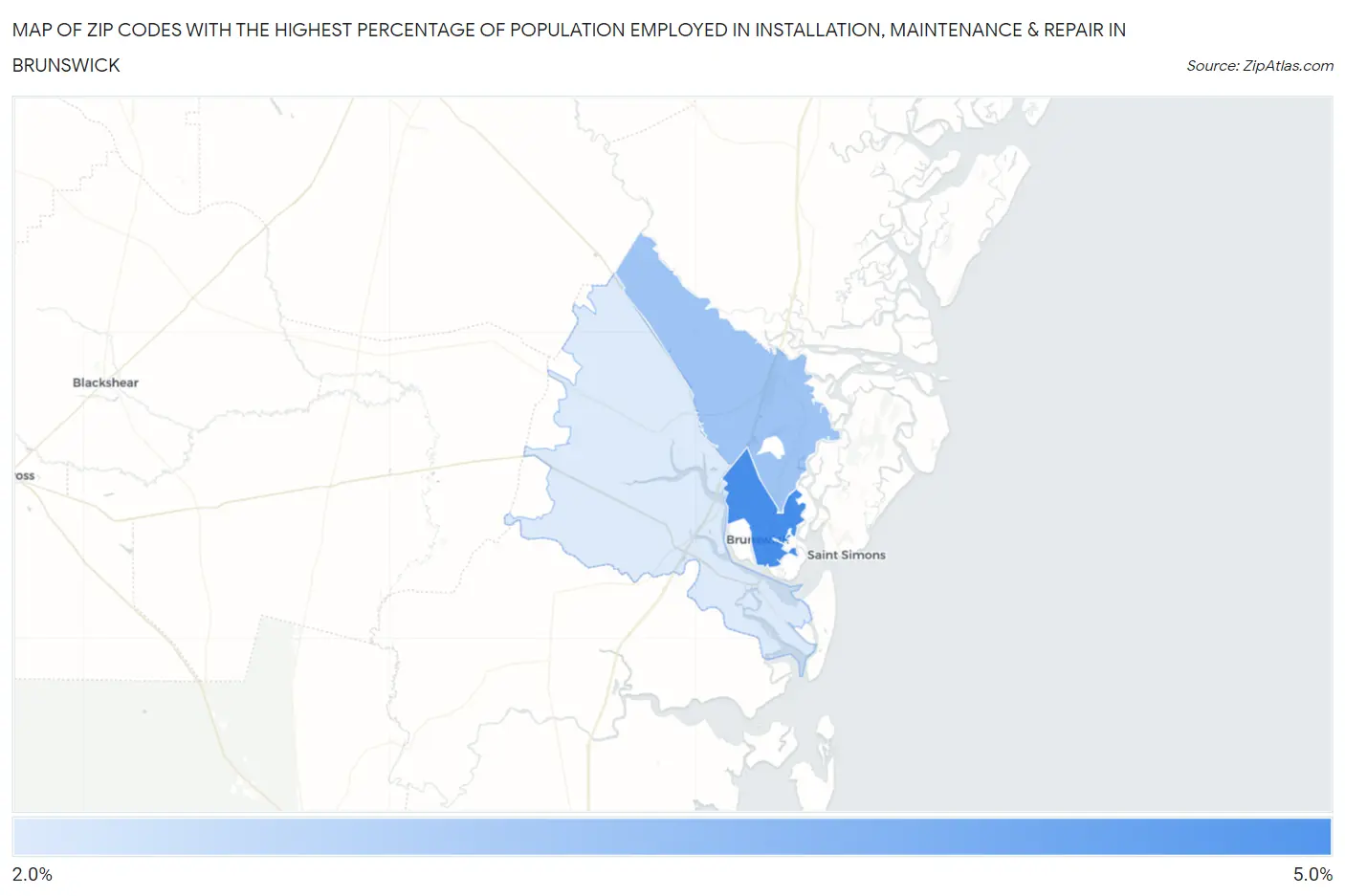 Zip Codes with the Highest Percentage of Population Employed in Installation, Maintenance & Repair in Brunswick Map