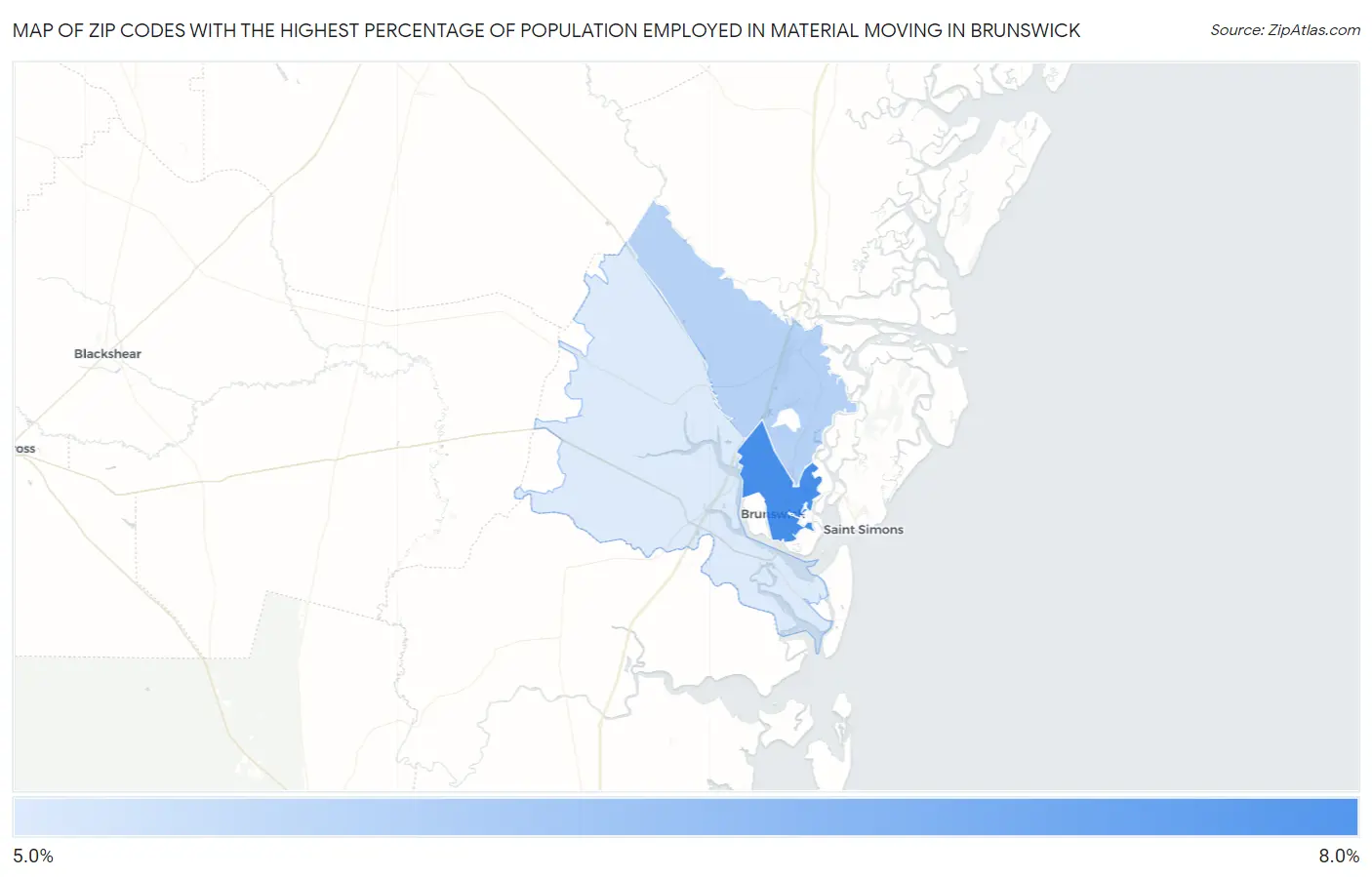 Zip Codes with the Highest Percentage of Population Employed in Material Moving in Brunswick Map