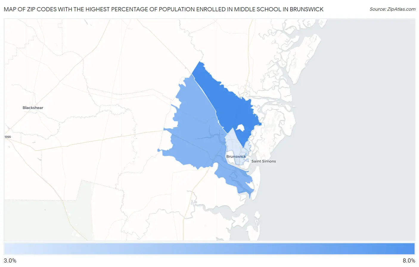 Zip Codes with the Highest Percentage of Population Enrolled in Middle School in Brunswick Map