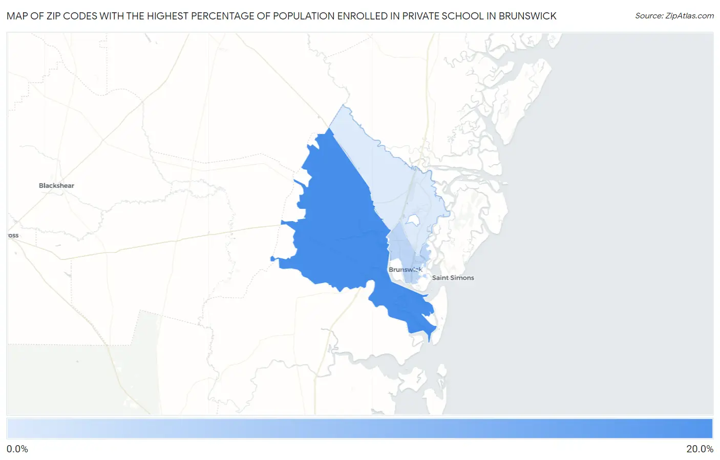 Zip Codes with the Highest Percentage of Population Enrolled in Private School in Brunswick Map