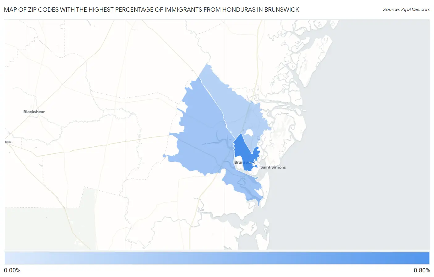 Zip Codes with the Highest Percentage of Immigrants from Honduras in Brunswick Map