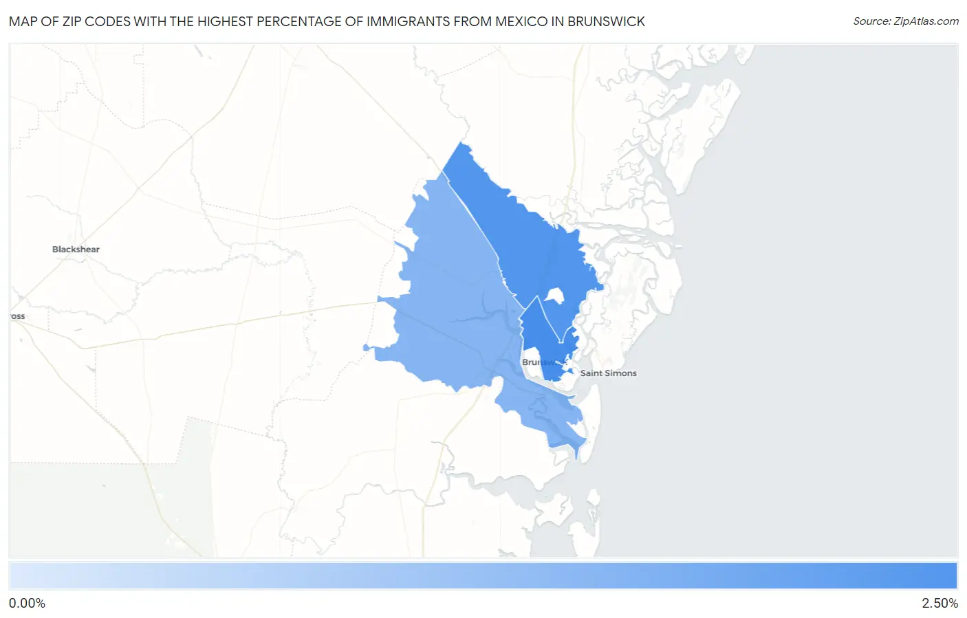 Zip Codes with the Highest Percentage of Immigrants from Mexico in Brunswick Map