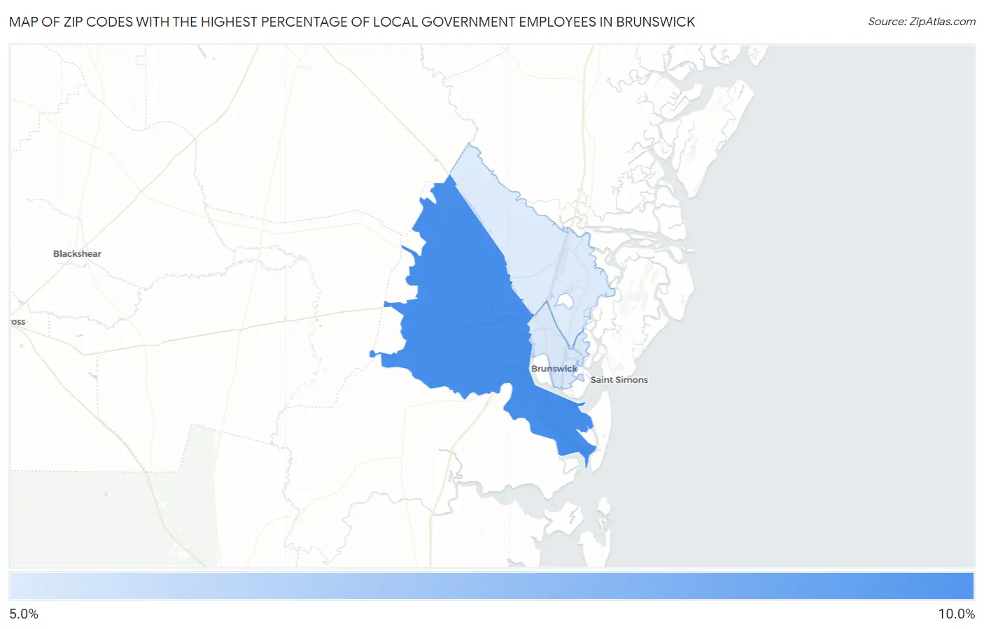 Zip Codes with the Highest Percentage of Local Government Employees in Brunswick Map