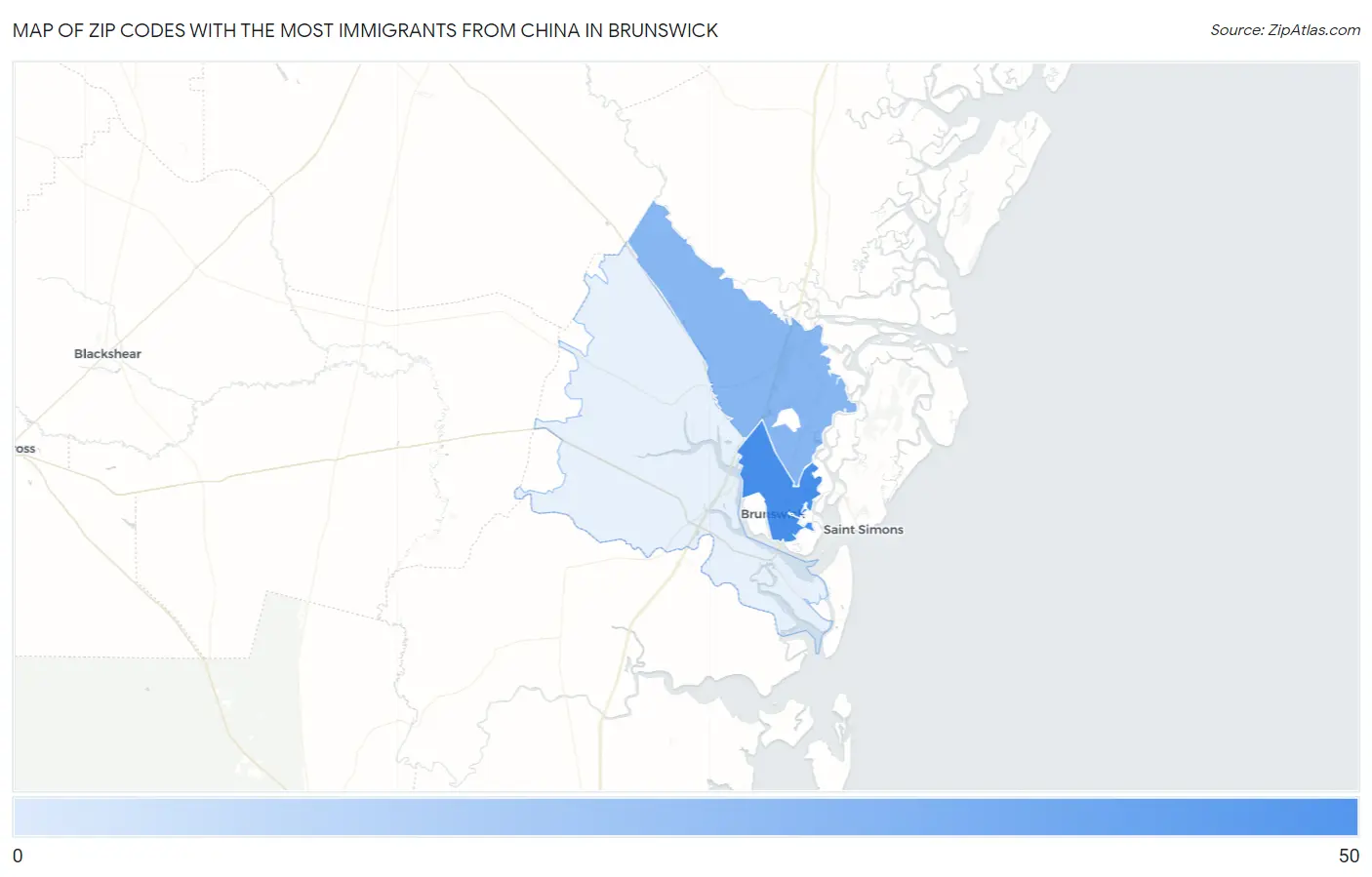 Zip Codes with the Most Immigrants from China in Brunswick Map