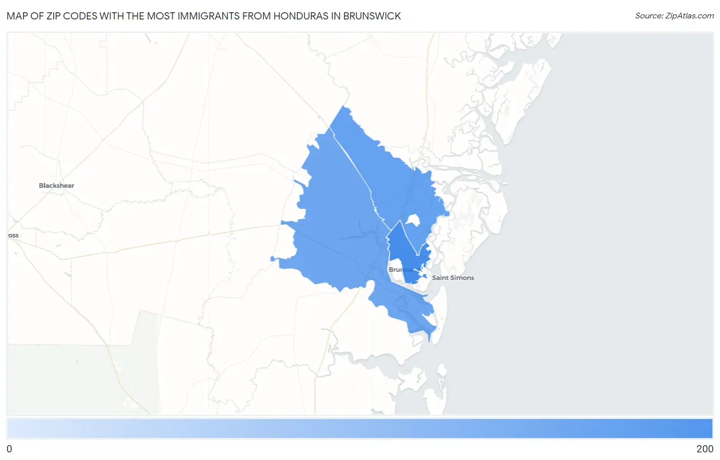 Zip Codes with the Most Immigrants from Honduras in Brunswick Map