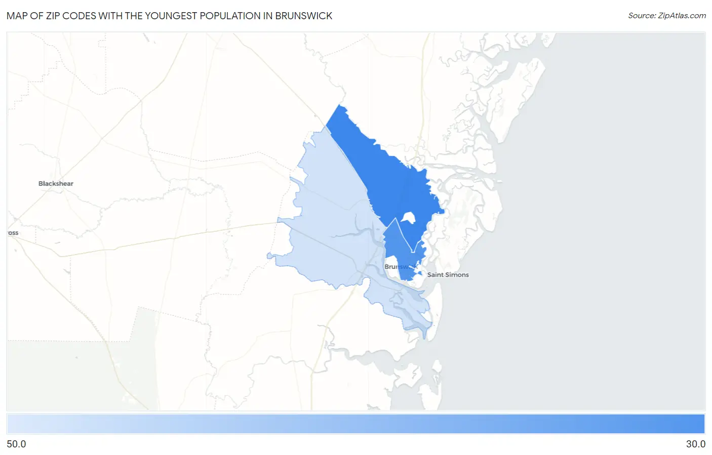 Zip Codes with the Youngest Population in Brunswick Map