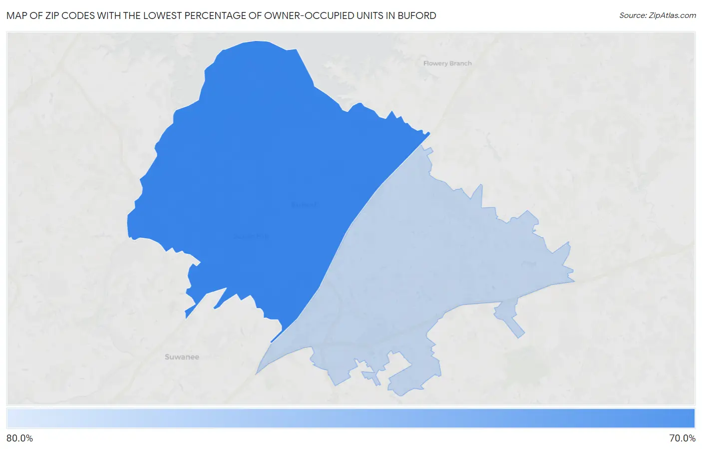 Zip Codes with the Lowest Percentage of Owner-Occupied Units in Buford Map