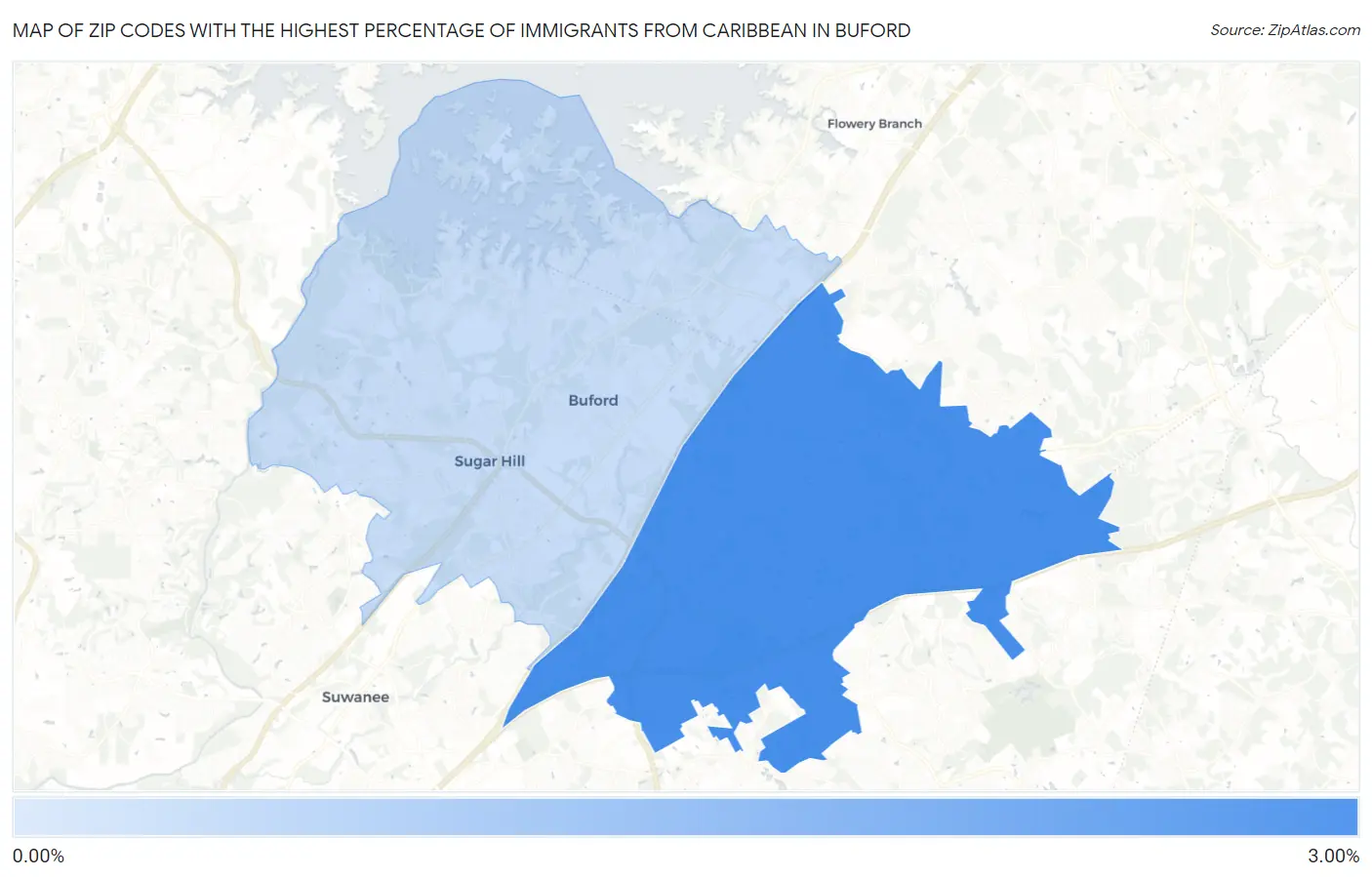 Zip Codes with the Highest Percentage of Immigrants from Caribbean in Buford Map