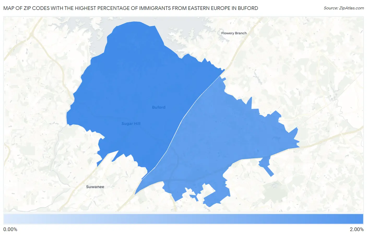 Zip Codes with the Highest Percentage of Immigrants from Eastern Europe in Buford Map