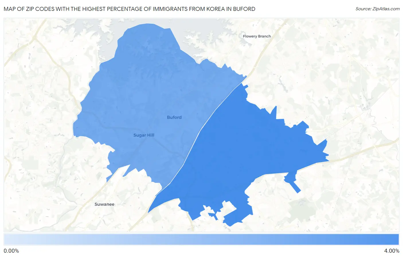 Zip Codes with the Highest Percentage of Immigrants from Korea in Buford Map