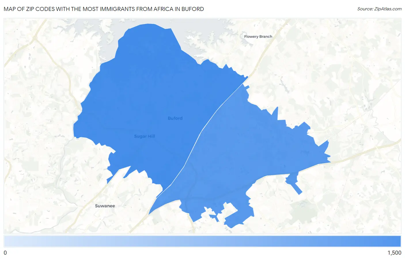 Zip Codes with the Most Immigrants from Africa in Buford Map