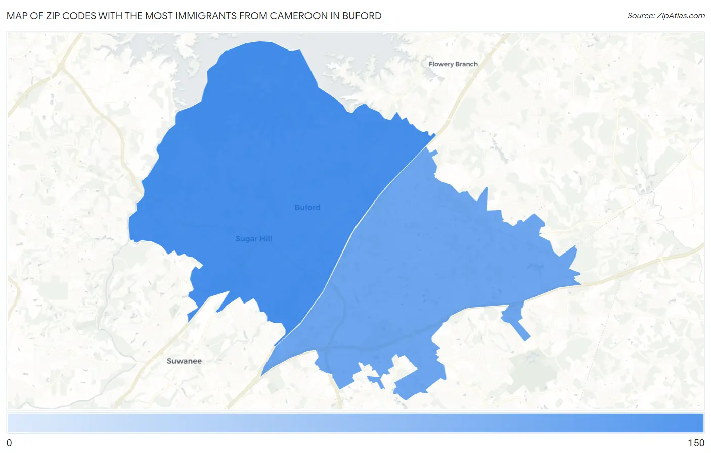 Zip Codes with the Most Immigrants from Cameroon in Buford Map