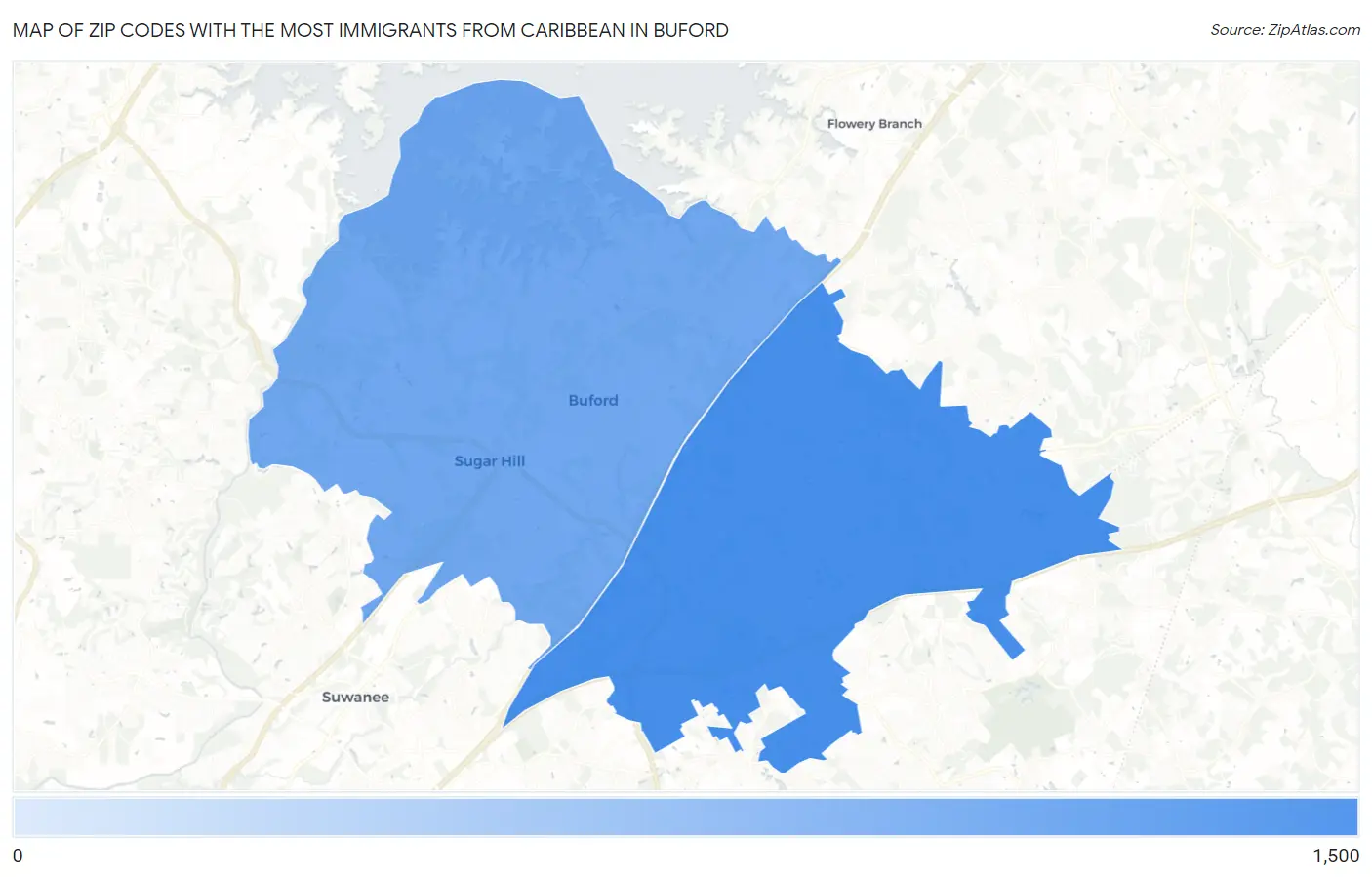 Zip Codes with the Most Immigrants from Caribbean in Buford Map