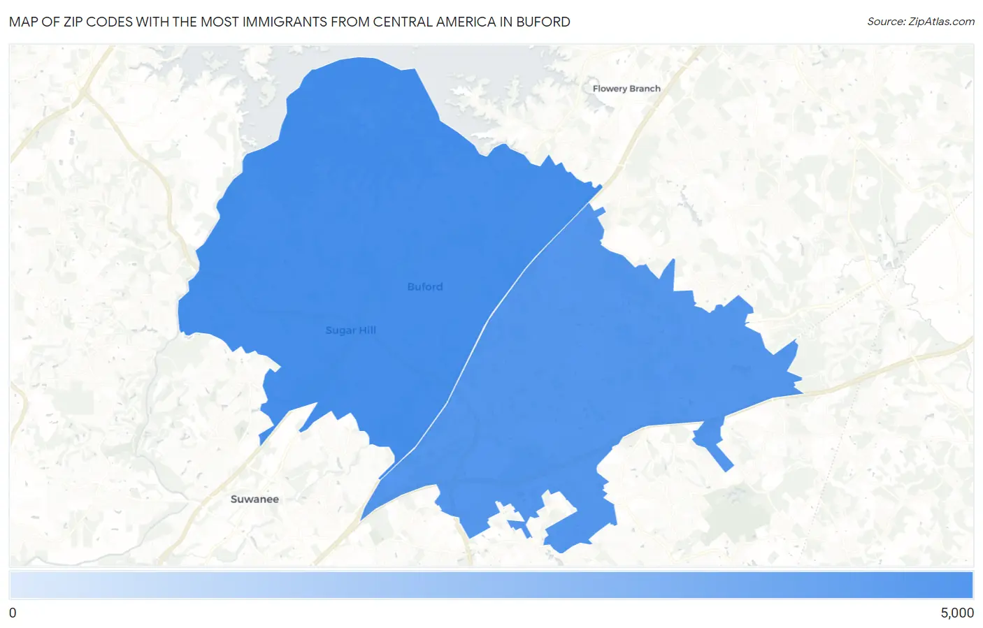 Zip Codes with the Most Immigrants from Central America in Buford Map
