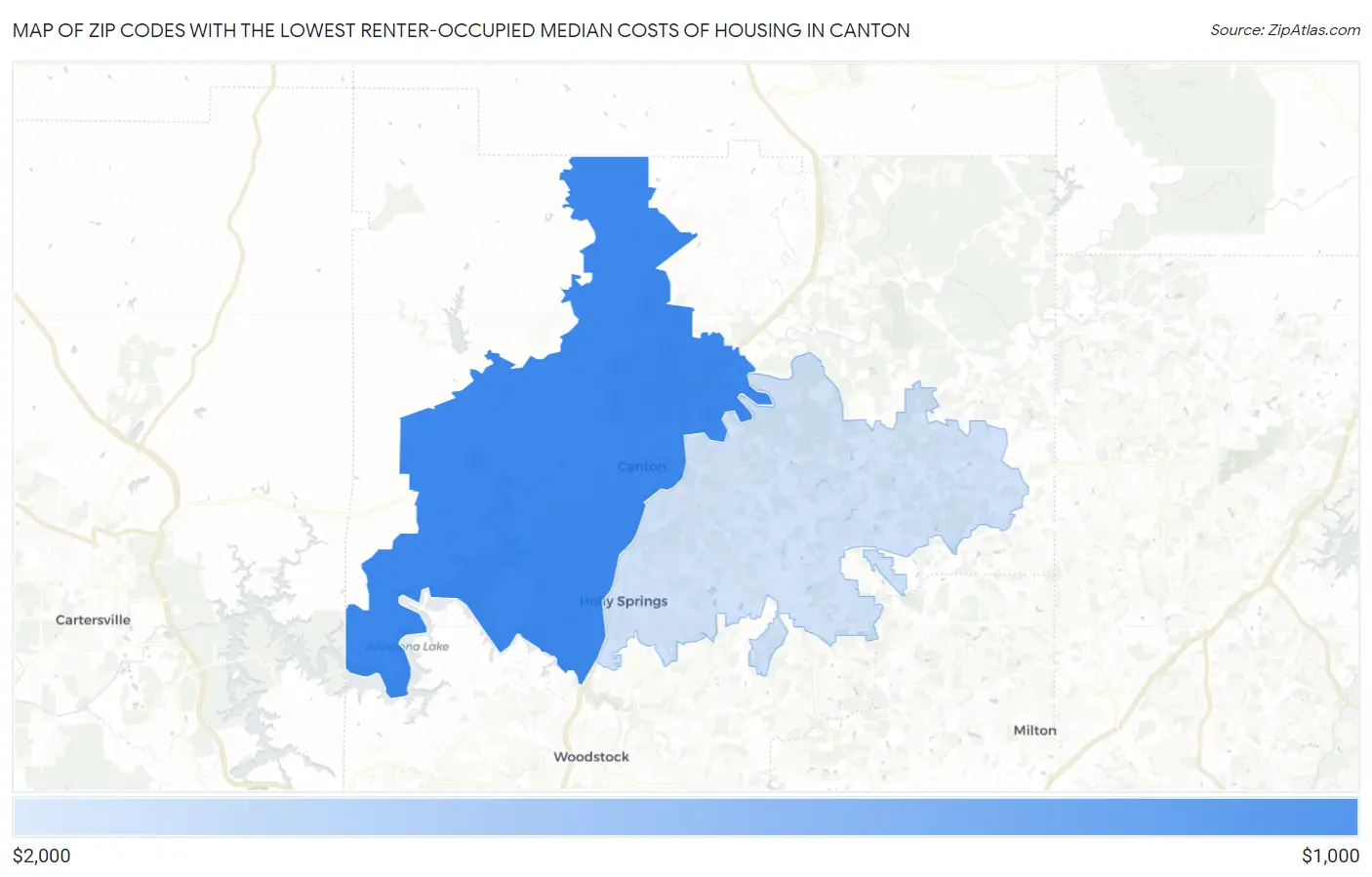 Zip Codes with the Lowest Renter-Occupied Median Costs of Housing in Canton Map