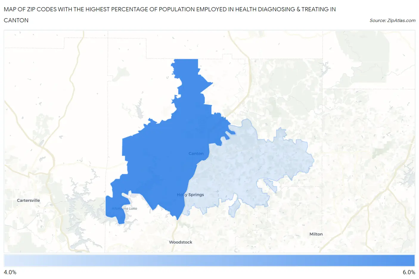 Zip Codes with the Highest Percentage of Population Employed in Health Diagnosing & Treating in Canton Map