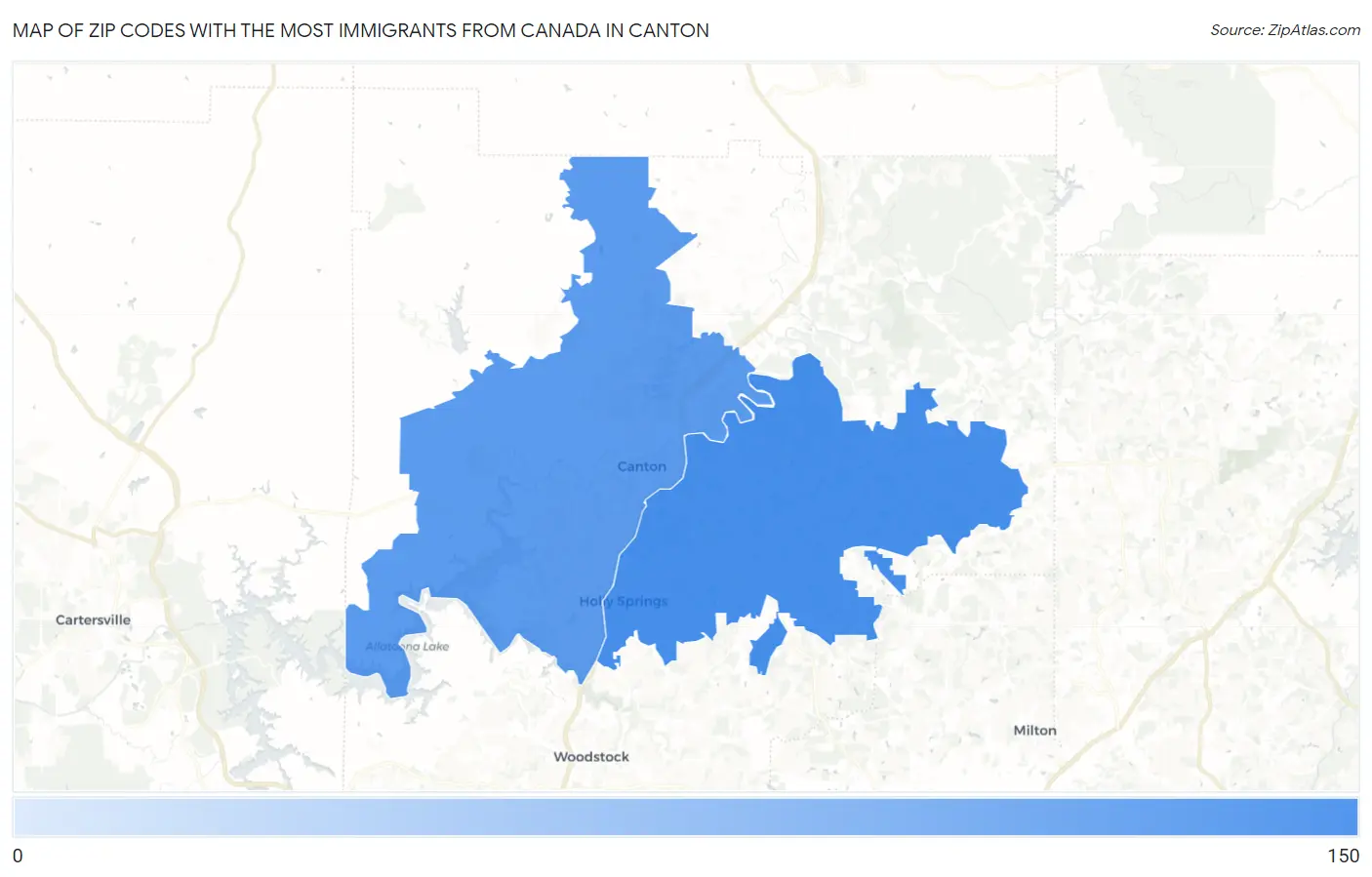 Zip Codes with the Most Immigrants from Canada in Canton Map