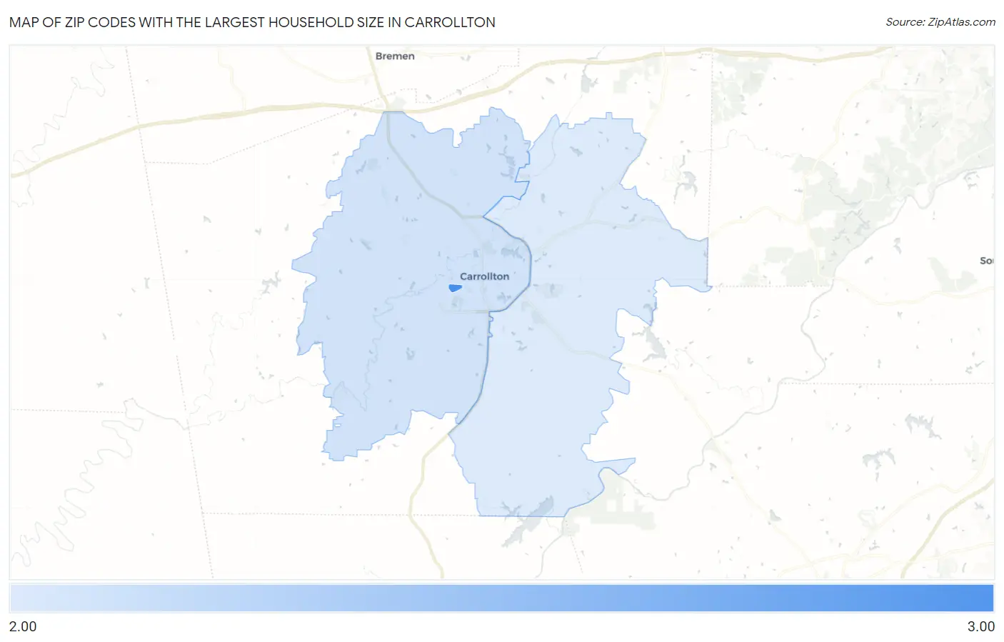 Zip Codes with the Largest Household Size in Carrollton Map