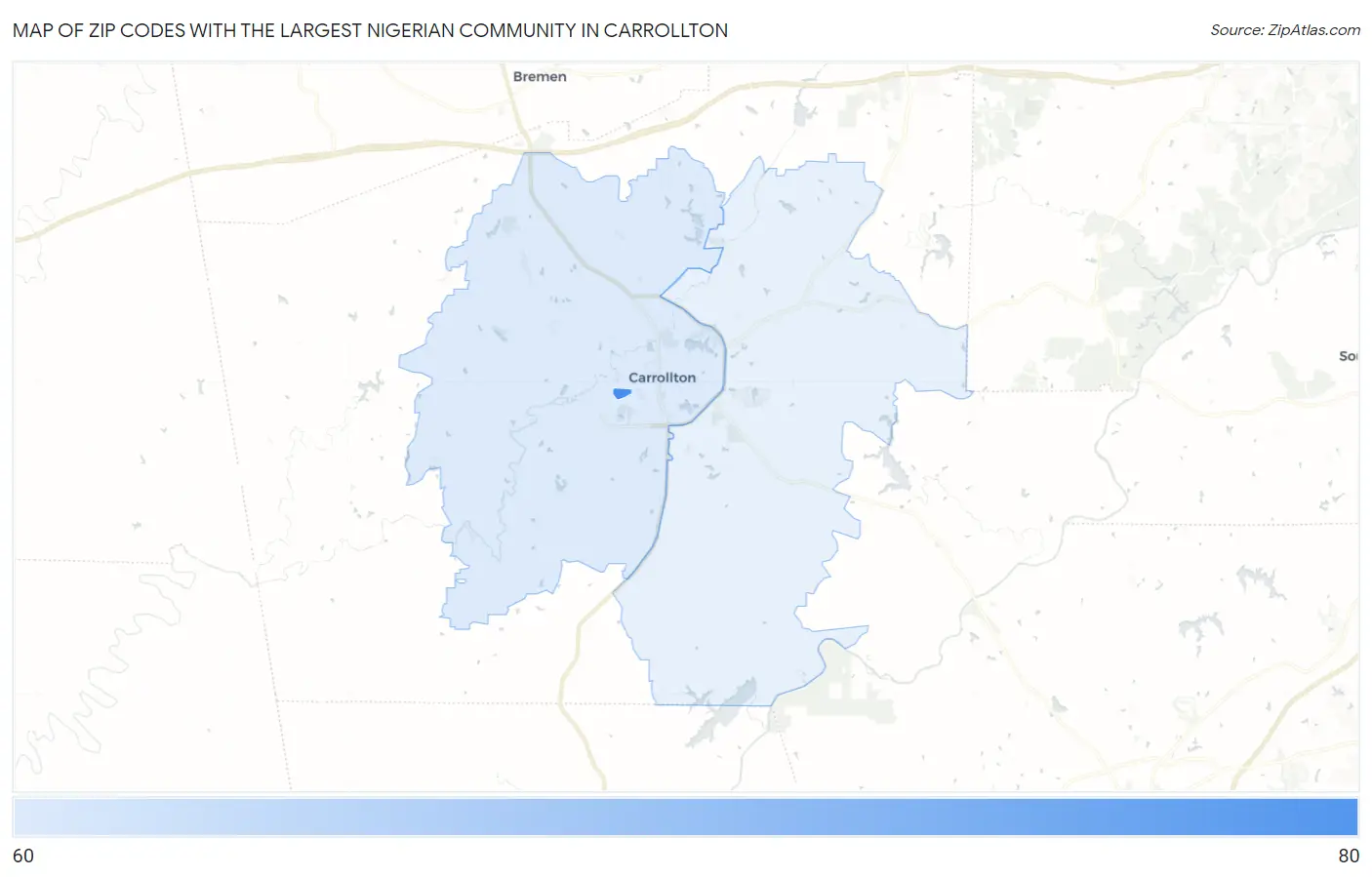 Zip Codes with the Largest Nigerian Community in Carrollton Map