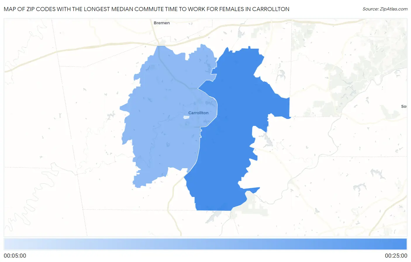 Zip Codes with the Longest Median Commute Time to Work for Females in Carrollton Map