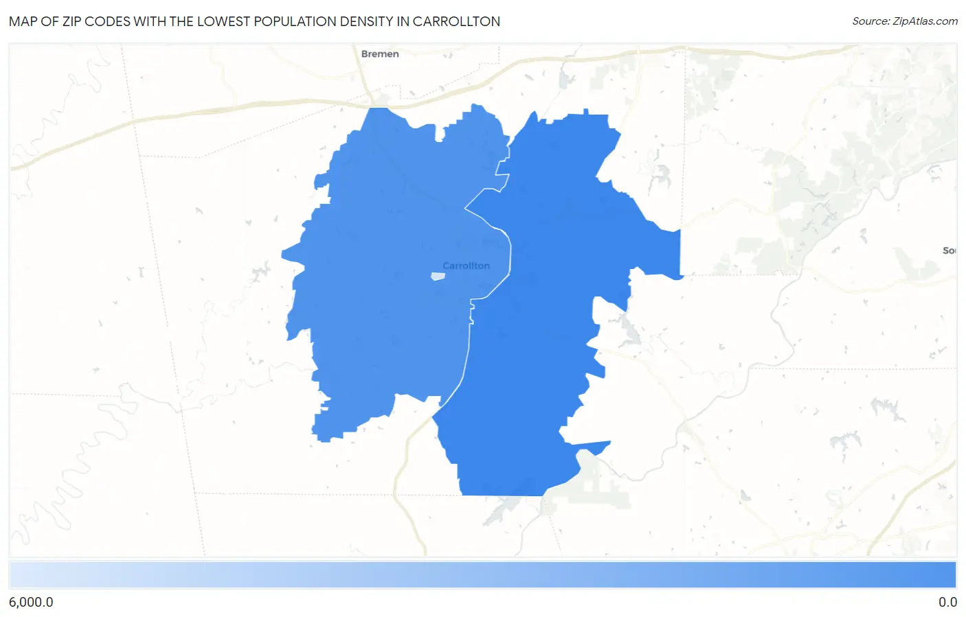 Zip Codes with the Lowest Population Density in Carrollton Map