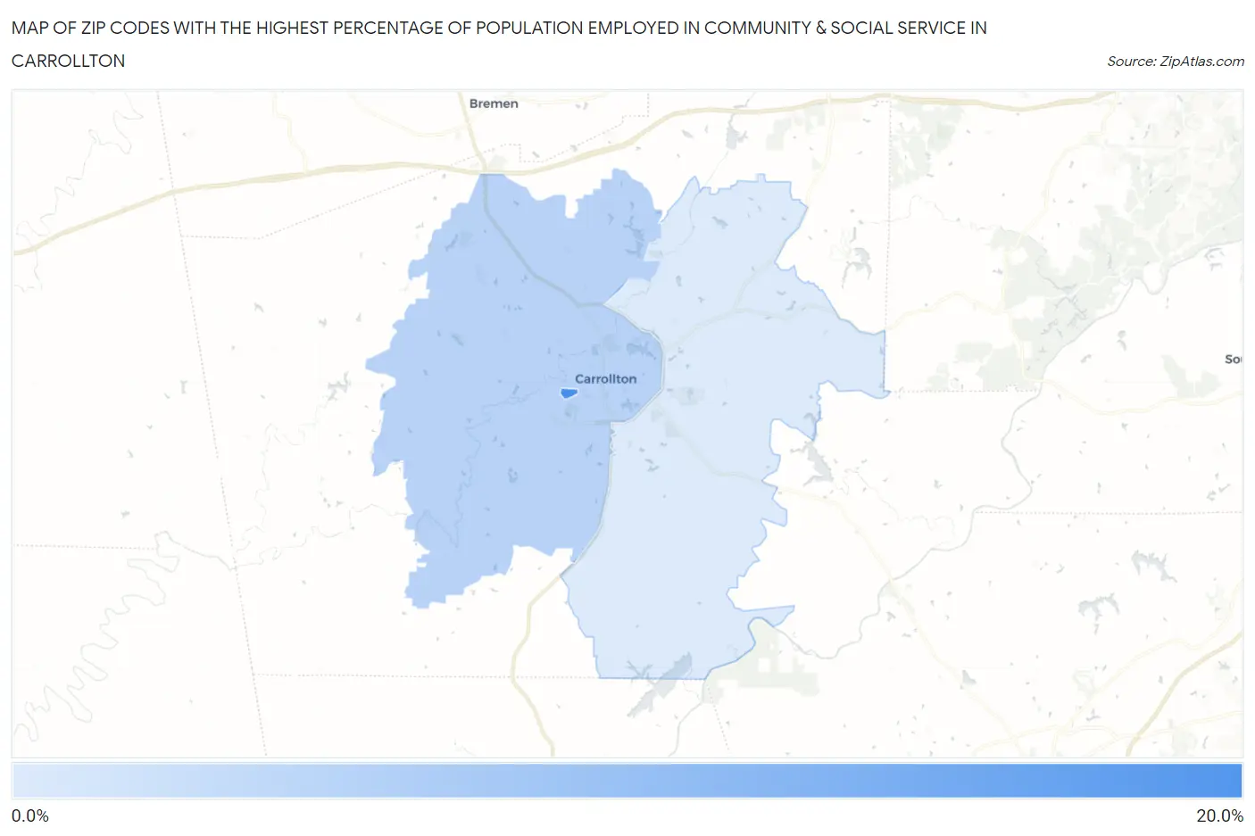 Zip Codes with the Highest Percentage of Population Employed in Community & Social Service  in Carrollton Map