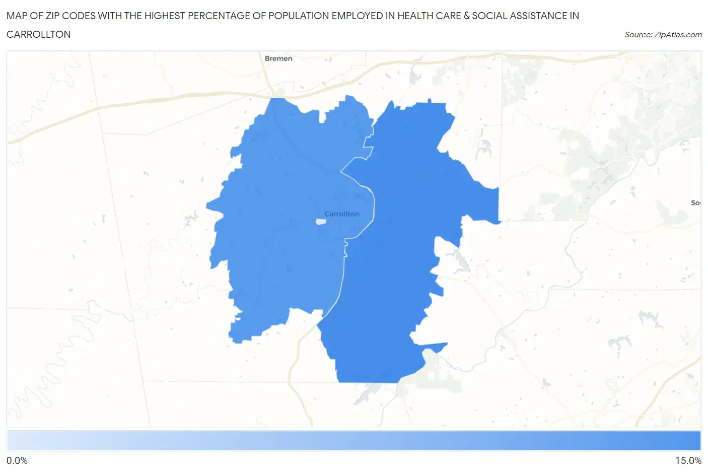 Zip Codes with the Highest Percentage of Population Employed in Health Care & Social Assistance in Carrollton Map