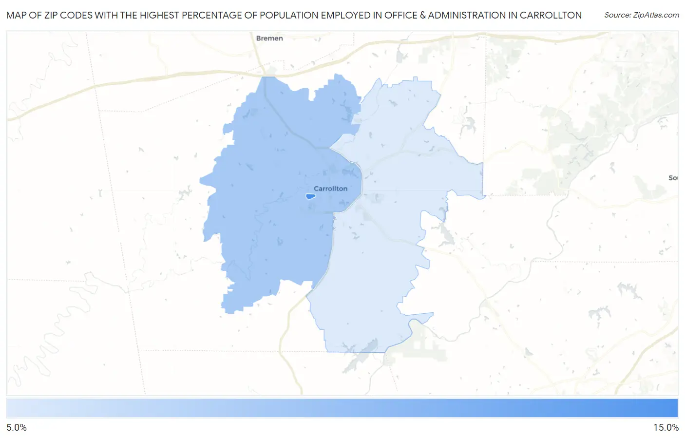 Zip Codes with the Highest Percentage of Population Employed in Office & Administration in Carrollton Map