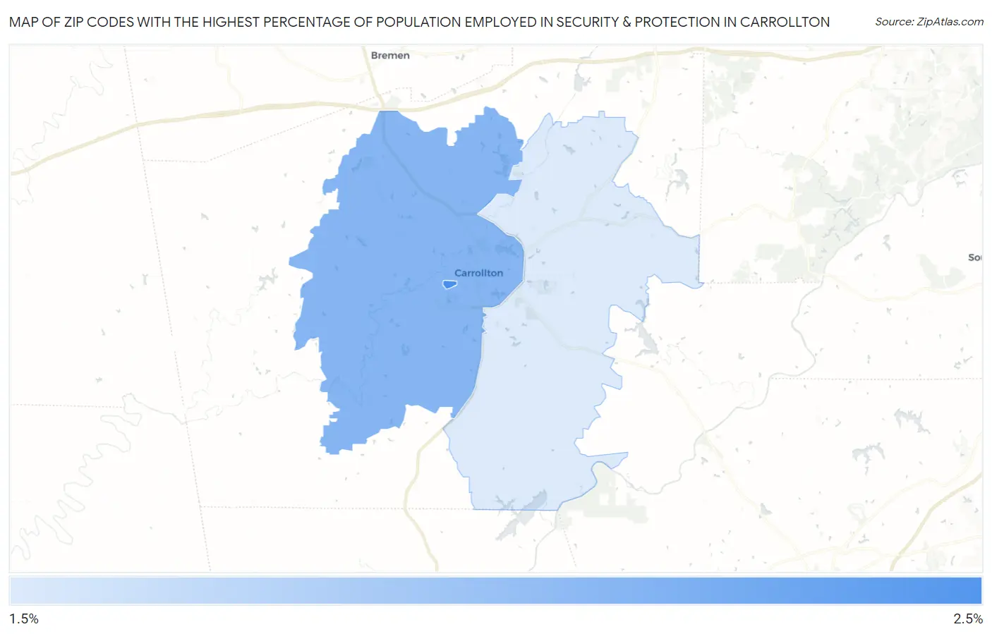 Zip Codes with the Highest Percentage of Population Employed in Security & Protection in Carrollton Map