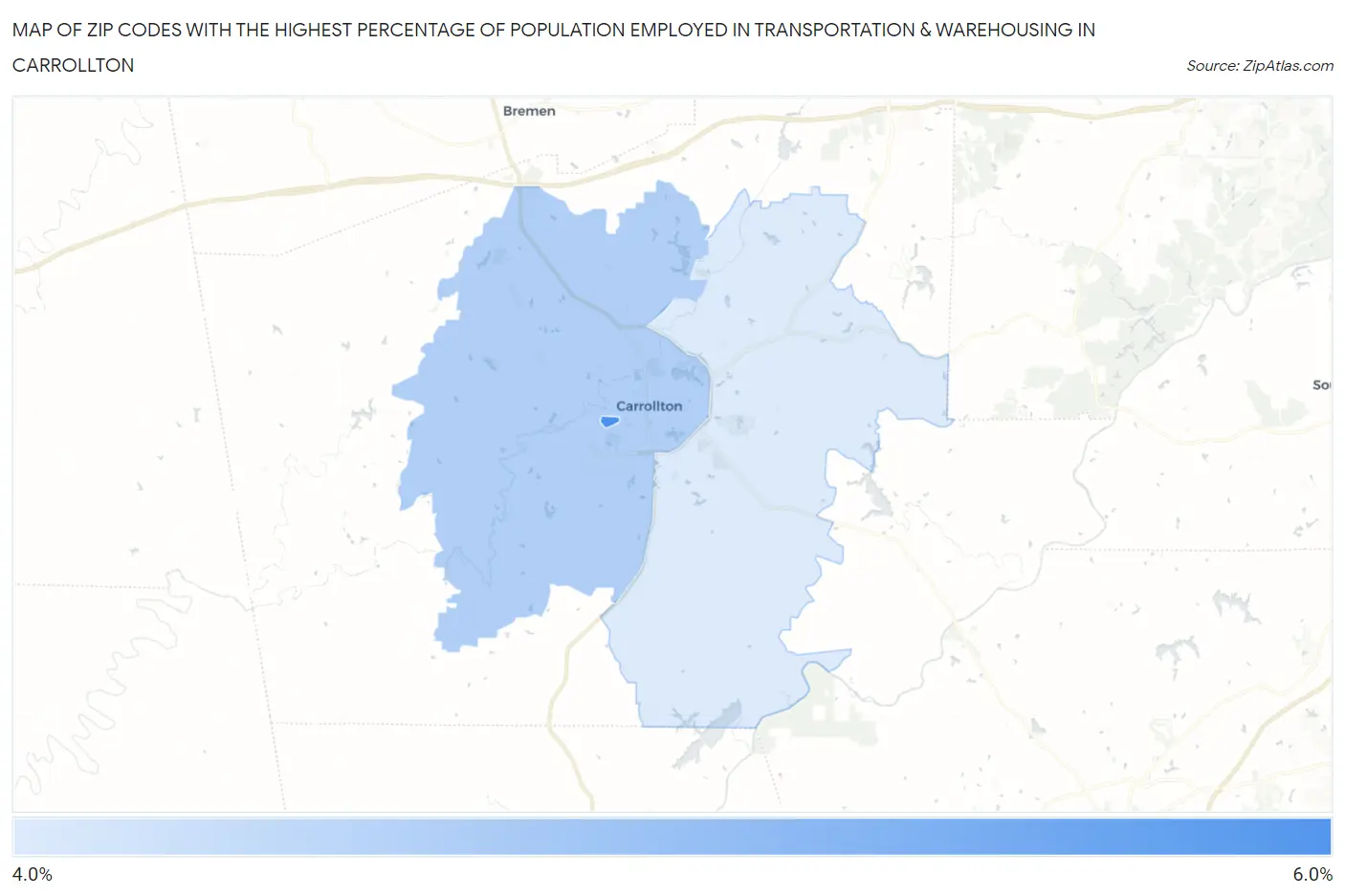Zip Codes with the Highest Percentage of Population Employed in Transportation & Warehousing in Carrollton Map