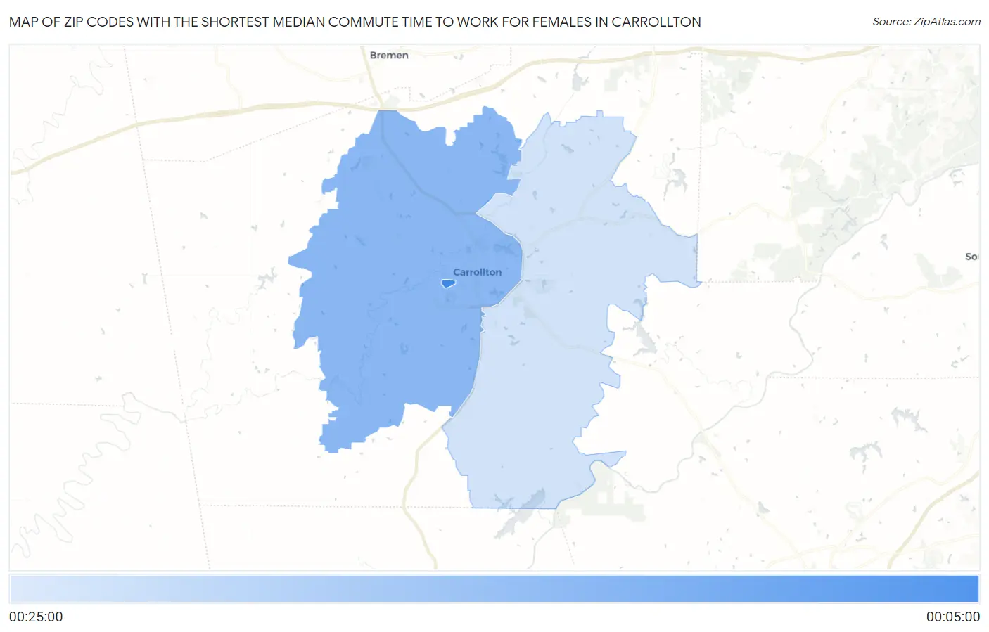 Zip Codes with the Shortest Median Commute Time to Work for Females in Carrollton Map