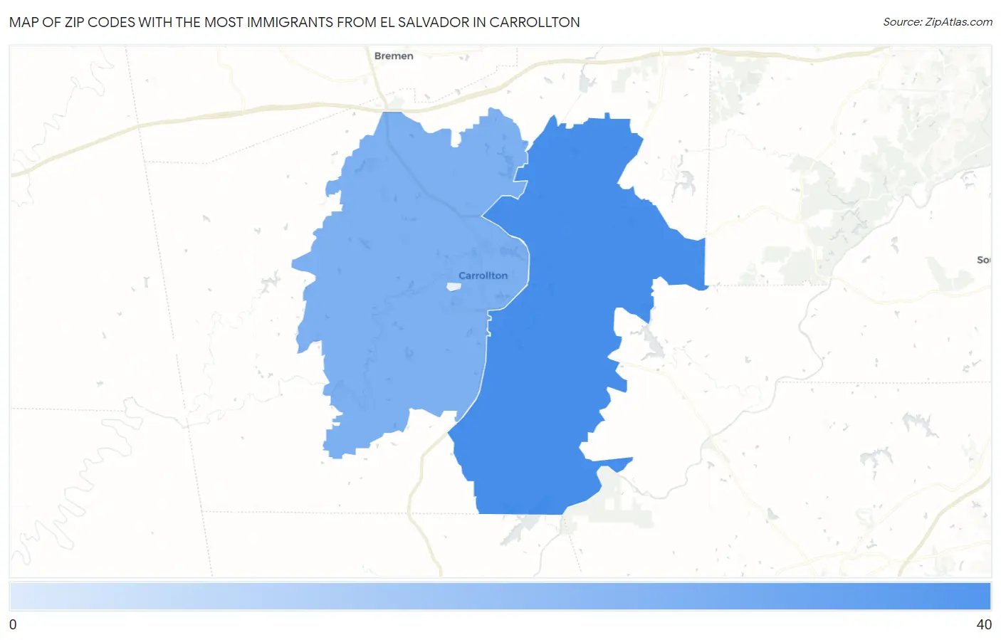 Zip Codes with the Most Immigrants from El Salvador in Carrollton Map