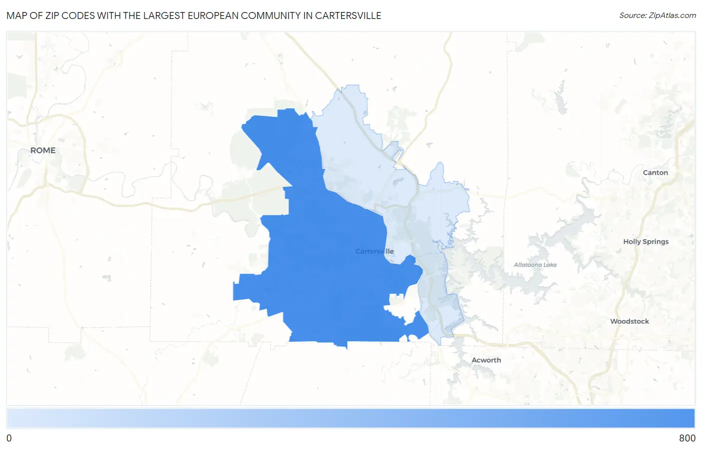 Zip Codes with the Largest European Community in Cartersville Map