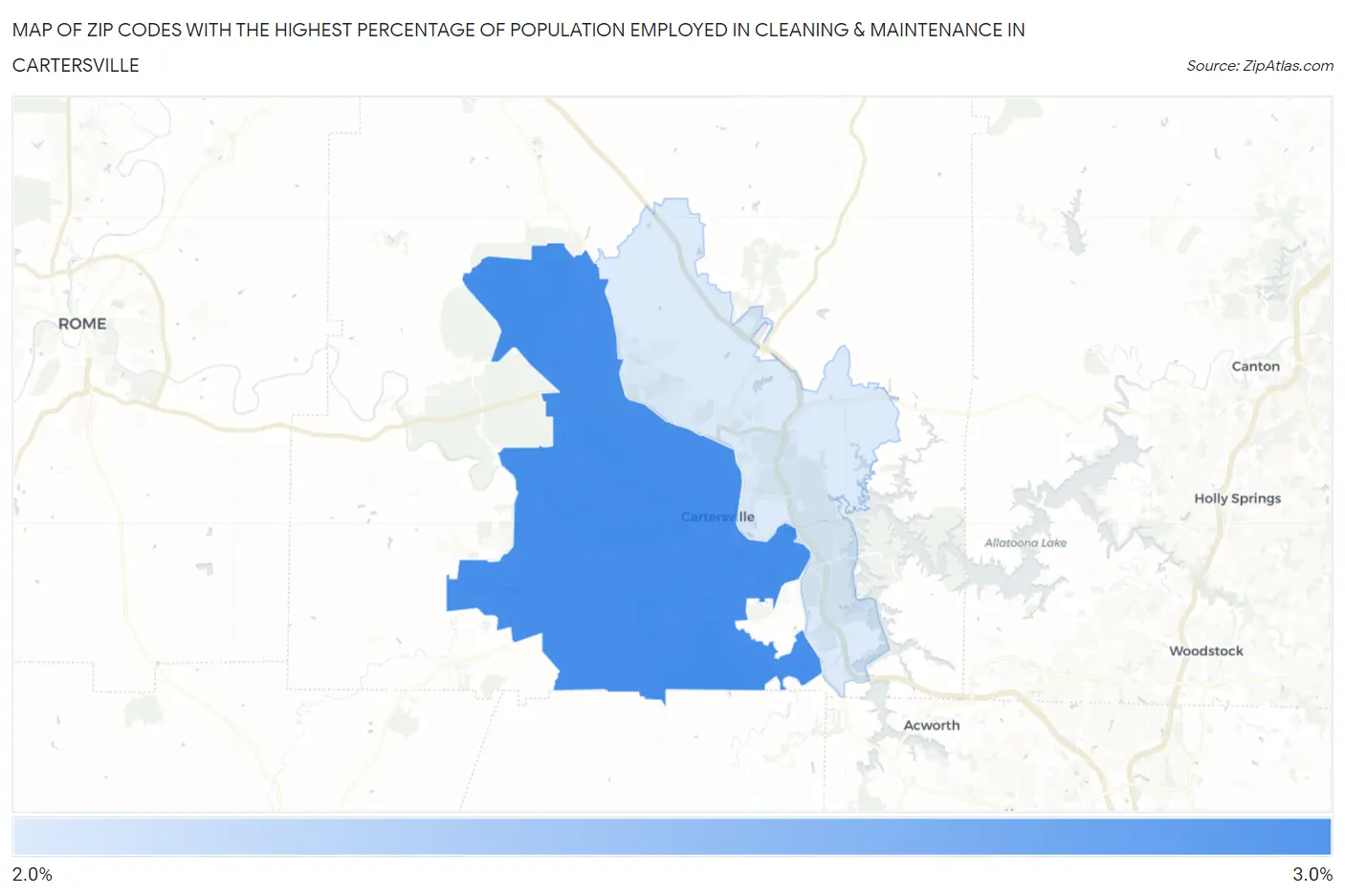 Zip Codes with the Highest Percentage of Population Employed in Cleaning & Maintenance in Cartersville Map