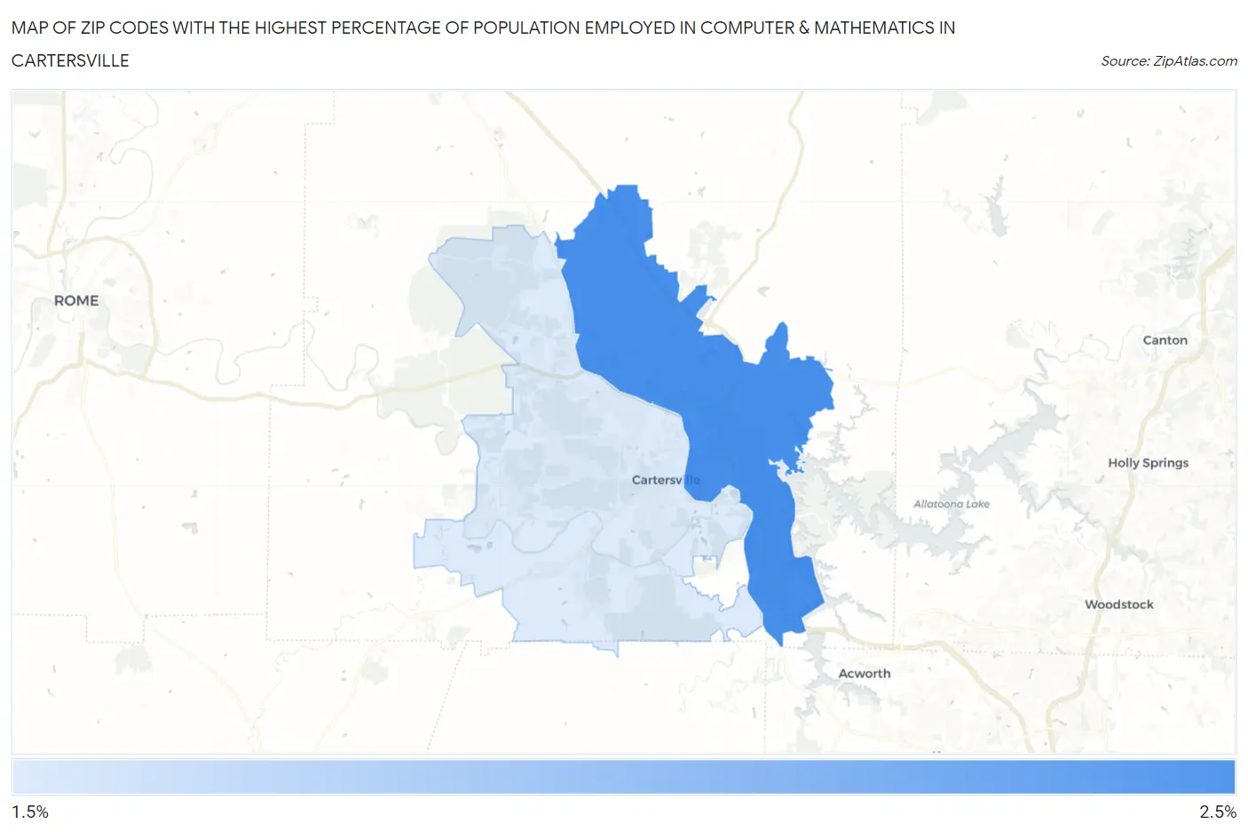 Zip Codes with the Highest Percentage of Population Employed in Computer & Mathematics in Cartersville Map
