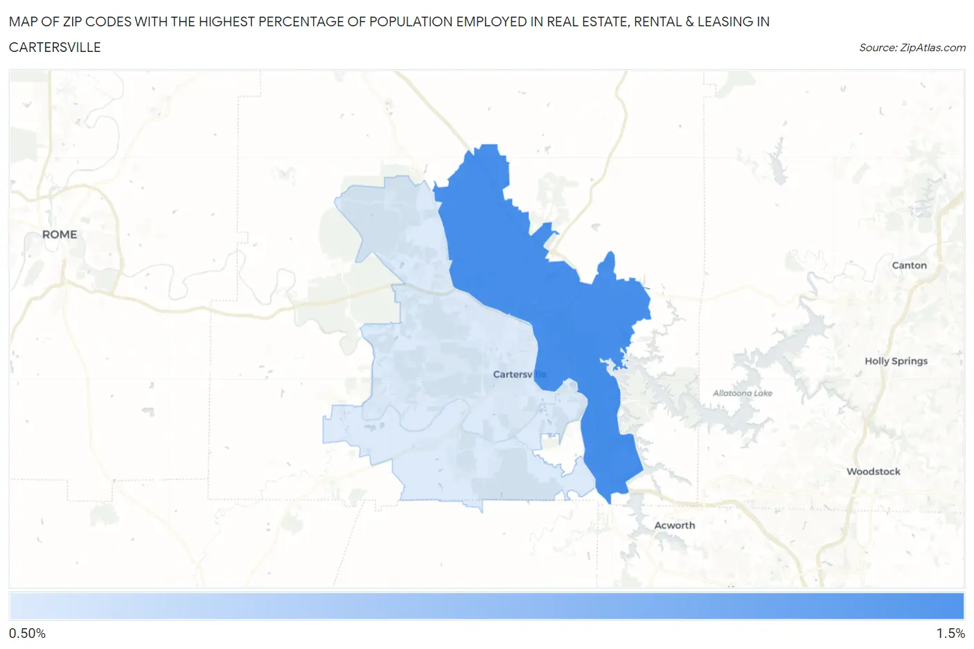 Zip Codes with the Highest Percentage of Population Employed in Real Estate, Rental & Leasing in Cartersville Map