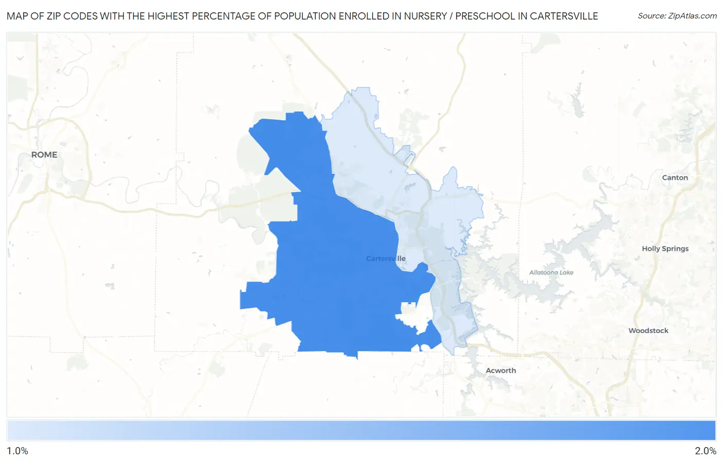 Zip Codes with the Highest Percentage of Population Enrolled in Nursery / Preschool in Cartersville Map