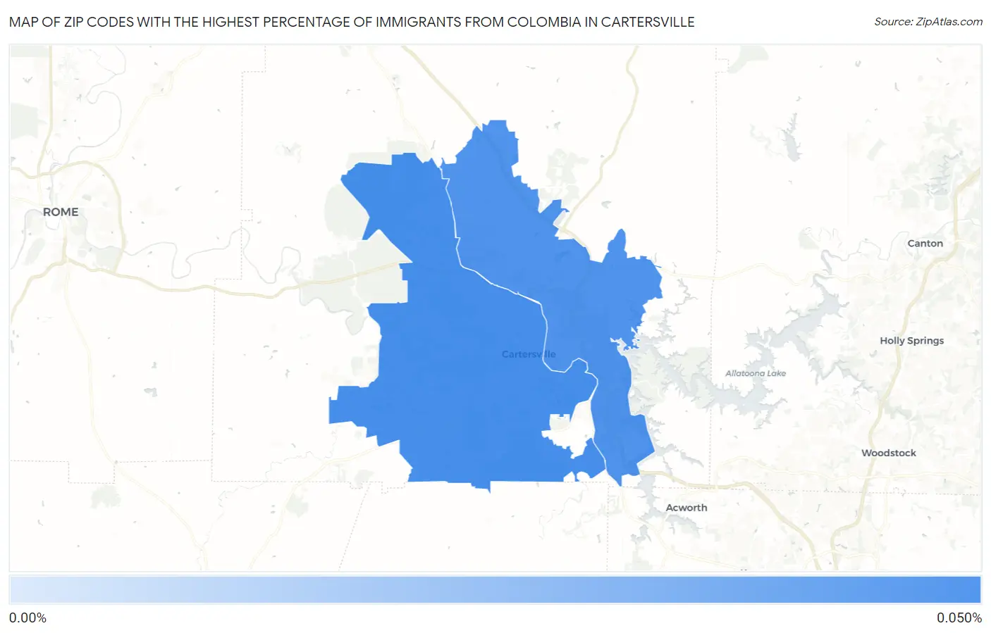 Zip Codes with the Highest Percentage of Immigrants from Colombia in Cartersville Map