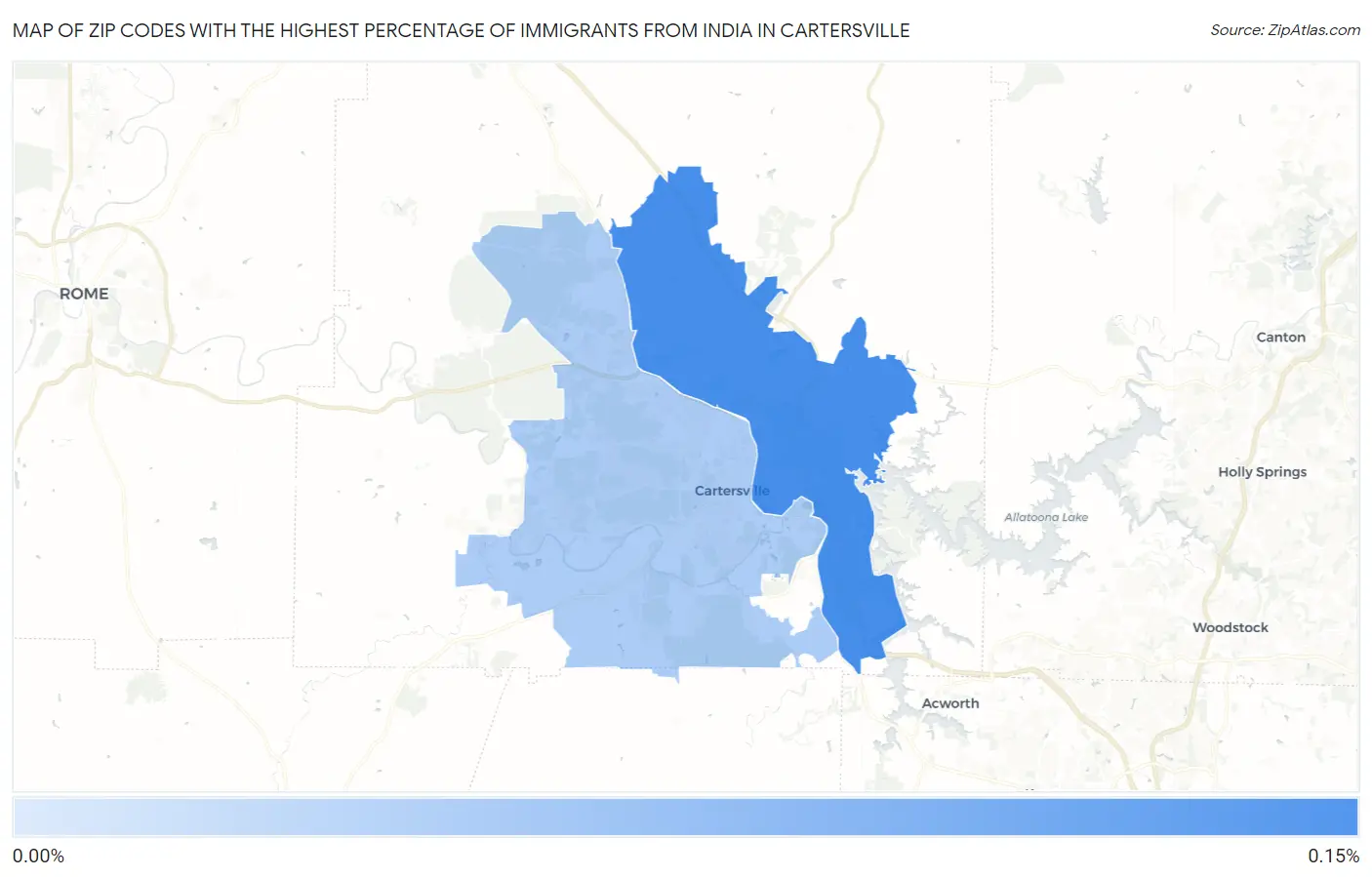 Zip Codes with the Highest Percentage of Immigrants from India in Cartersville Map