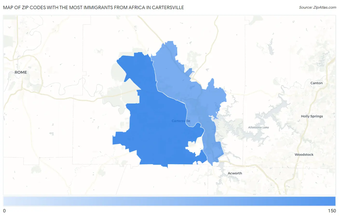 Zip Codes with the Most Immigrants from Africa in Cartersville Map
