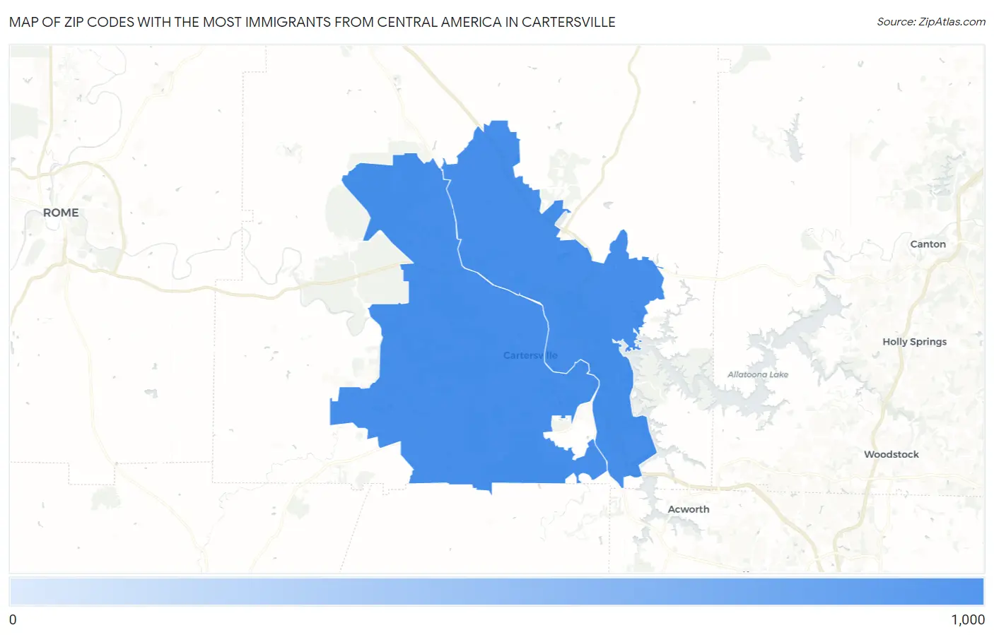 Zip Codes with the Most Immigrants from Central America in Cartersville Map