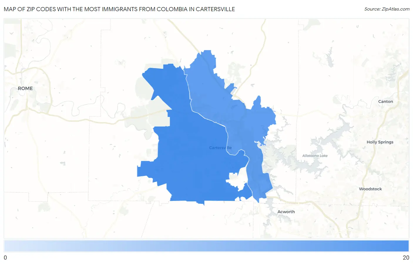 Zip Codes with the Most Immigrants from Colombia in Cartersville Map