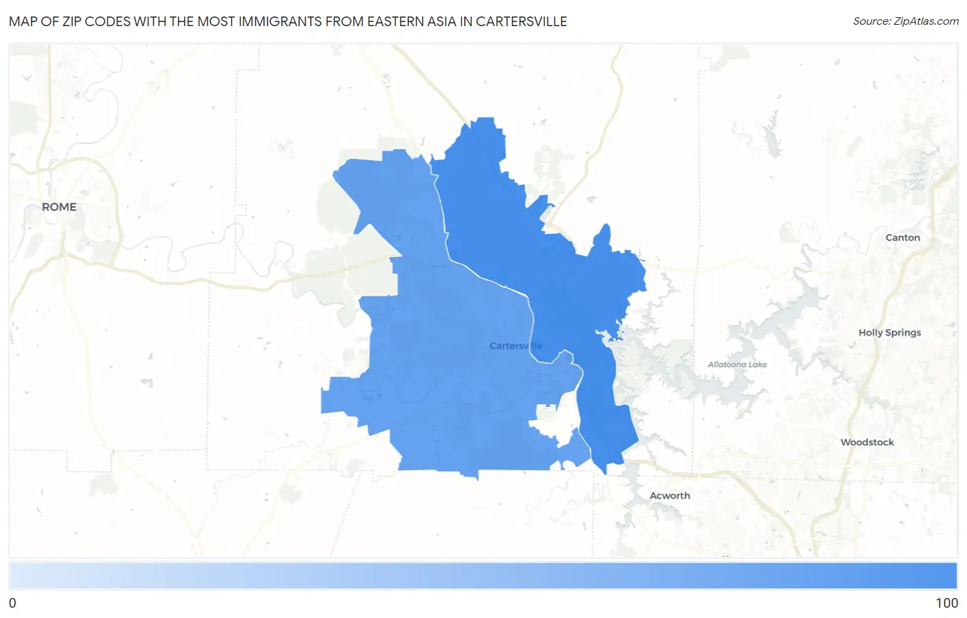 Zip Codes with the Most Immigrants from Eastern Asia in Cartersville Map