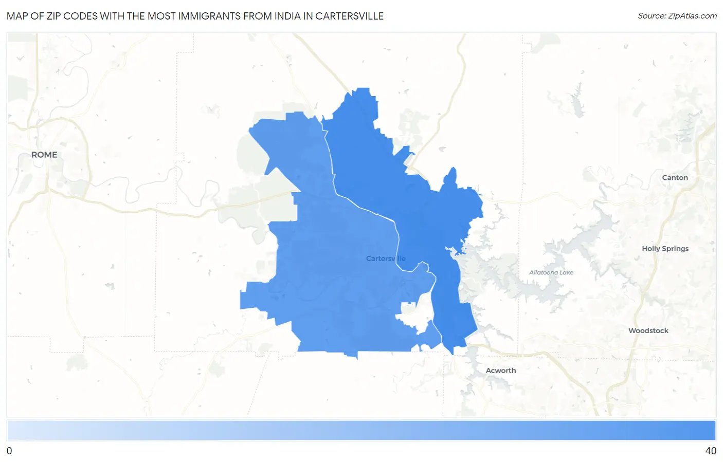 Zip Codes with the Most Immigrants from India in Cartersville Map