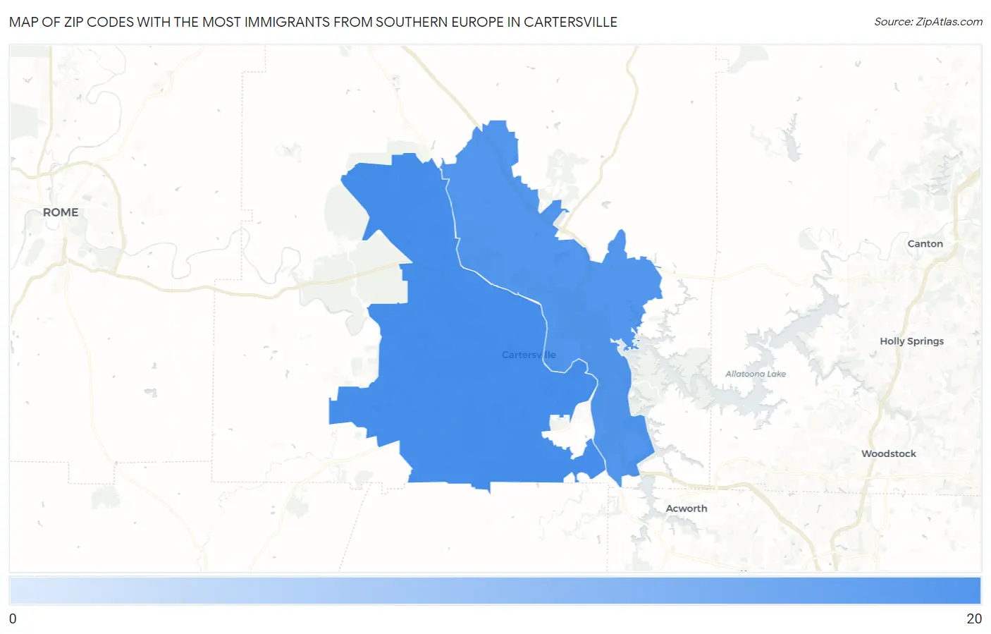 Zip Codes with the Most Immigrants from Southern Europe in Cartersville Map