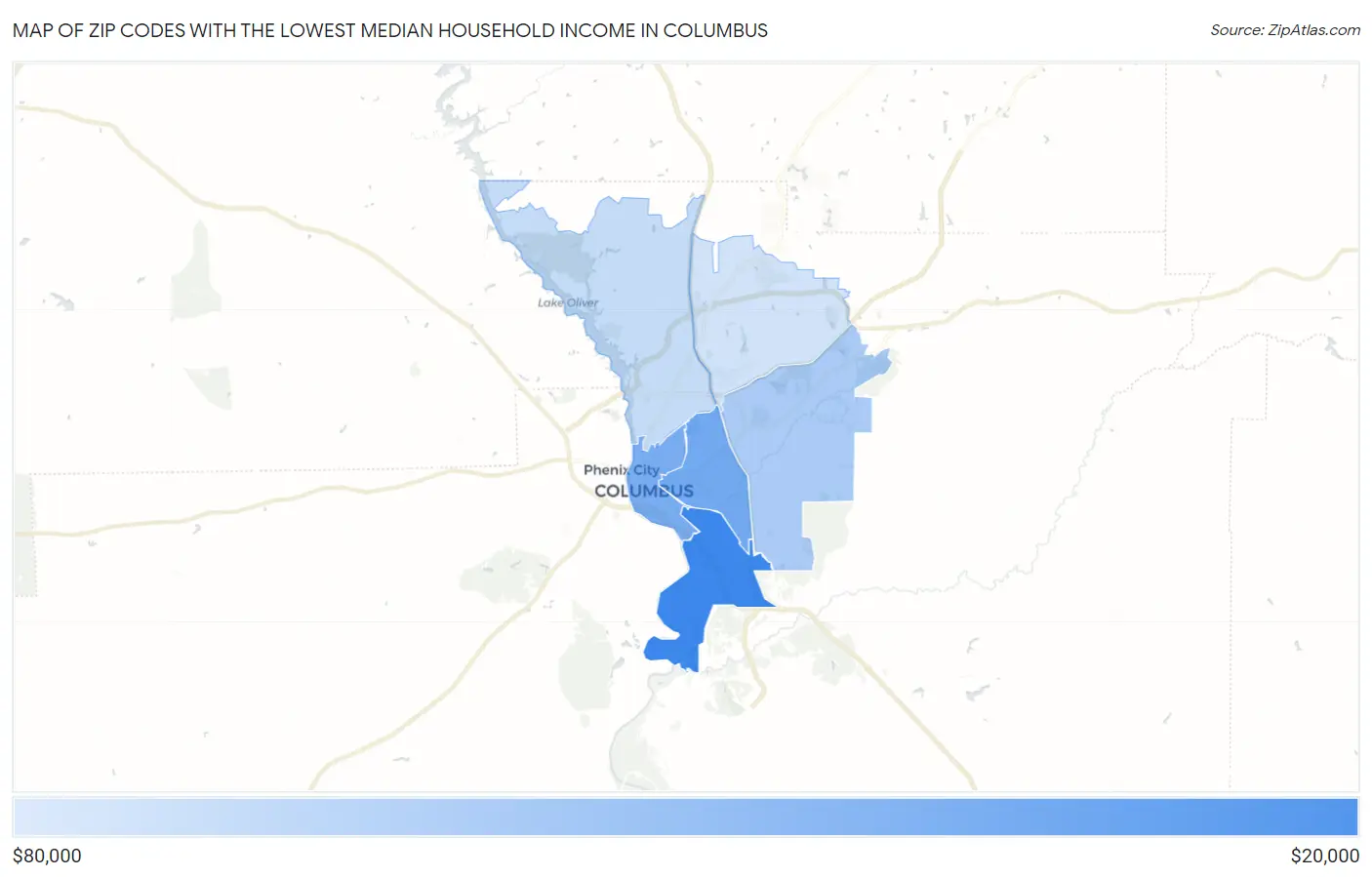 Zip Codes with the Lowest Median Household Income in Columbus Map
