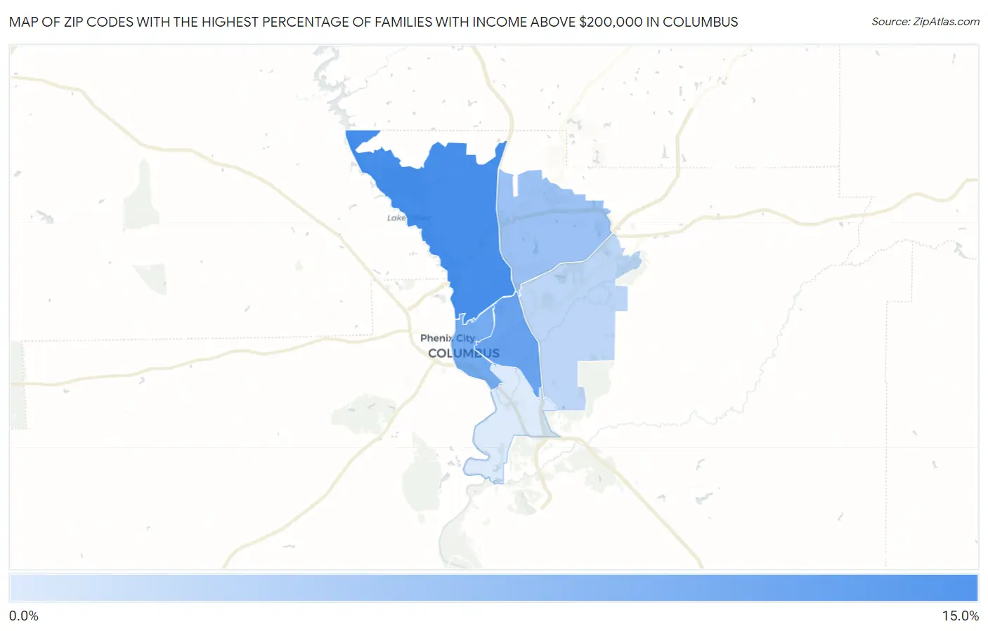 Zip Codes with the Highest Percentage of Families with Income Above $200,000 in Columbus Map